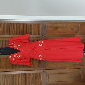 ASOS Design Midi Tea Dress  Red Embroidered Puff Sleeves Sz XS